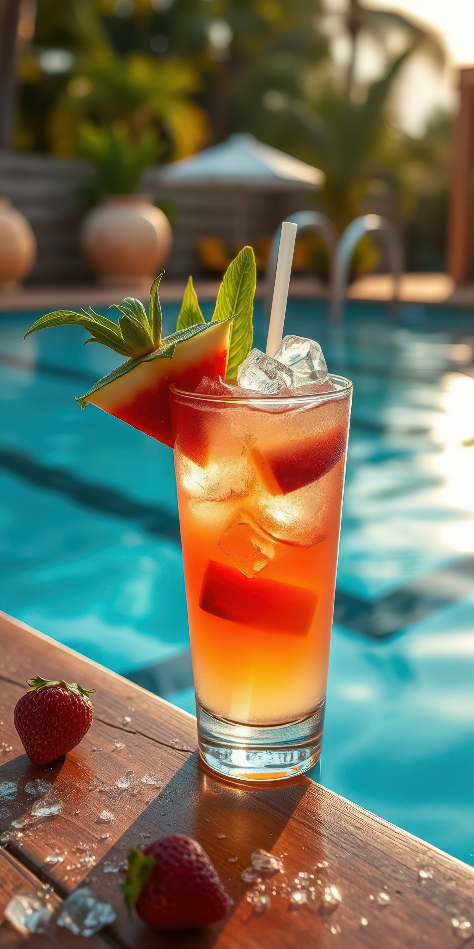Refreshing summer cocktail with watermelon and mint near the sparkling poolside during golden hour